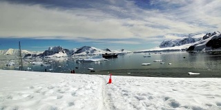 旅行者在南极洲的雪山中徒步旅行