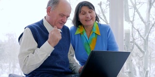 老年人视频通信，老年人在家里用笔记本电脑skype聊天