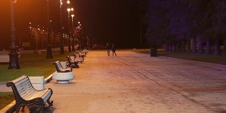 晚上人们沿着公园的大街散步