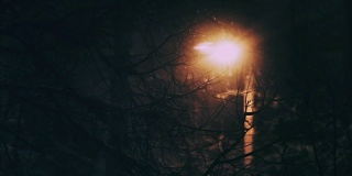 散焦雪花落在路灯的背景在一个公寓房子在城市晚上