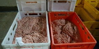 肉类加工厂的冷冻室。装在盒子里的碎鸡肉