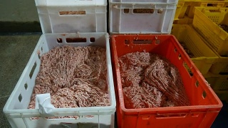肉类加工厂的冷冻室。装在盒子里的碎鸡肉视频素材模板下载