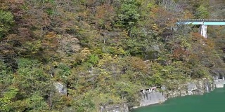 摇摄:日本福岛大川水坝湖和Aga河视点的红叶景观