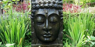 在巴厘岛乌布的热带花园中，佛陀与落水。