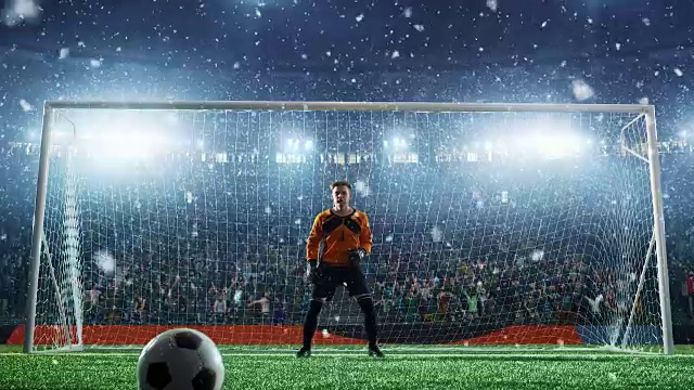 足球守门员在职业足球场中跳跃接球。体育场和人群是在3D和动画