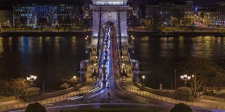 在布达佩斯的铁链桥的夜晚，时光流逝
