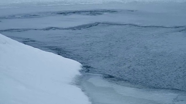 春天河上的破冰。冬天的雪冻结了河流的水大自然