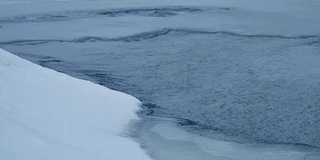 春天河上的破冰。冬天的雪冻结了河流的水大自然