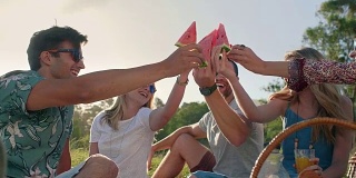 微笑的朋友在野餐时吃西瓜