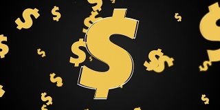 飞行货币符号的美元在黑色的背景，3d插图，计算机渲染