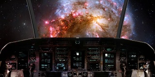 在宇宙飞船的驾驶舱里，飞向一个美丽的星系