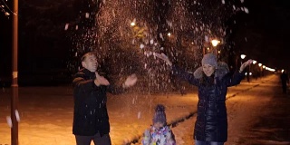 快乐的家庭傍晚在公园里抛雪。