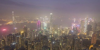 香港的天际线。从太平山顶眺望。从白天到夜晚的时间流逝。