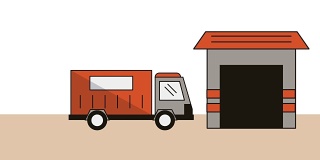仓库与飞机和卡车送货服务动画