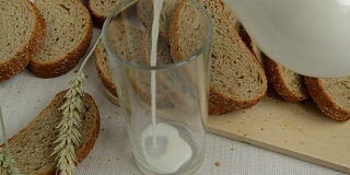世界卫生日和地球日的概念是，牛奶倒进玻璃杯里，早餐配面包