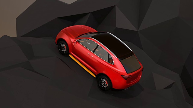 金属红色自动电动SUV驾驶在几何硬地面