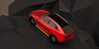 金属红色自动电动SUV驾驶在几何硬地面