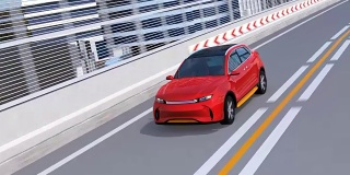 金属红色自动电动SUV在高速公路上行驶