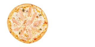 Pizzai海鲜。在白色背景上旋转。顶部视图，放置文本