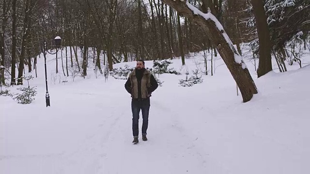 年轻英俊漫步冬季公园