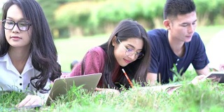 学生学习小组在学校。人们在户外的公园开会并使用笔记本电脑。教育理念、团结、团队、学习、知识、研究。