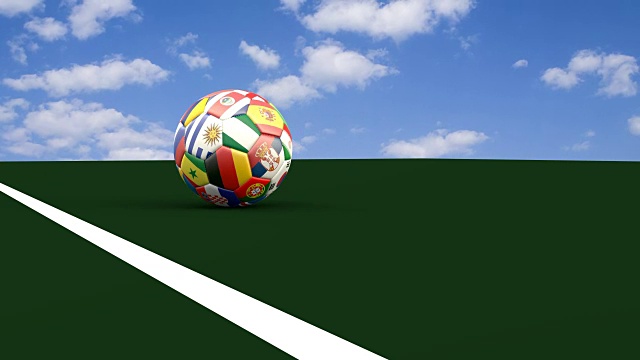 足球在世界杯的颜色参与者越过球门线，3d渲染