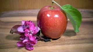 成熟的红苹果和深红色的苹果树花在木制的背景上视频素材模板下载