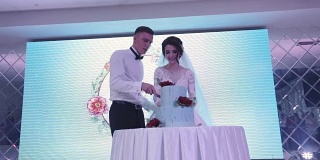 Bride and groom cut wedding cake