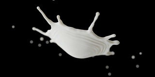 两个牛奶滴碰撞溅在黑色背景的Cg动画。
