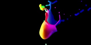 Cg动画两种颜色的水滴碰撞溅在黑色的背景。