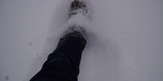 冬天。双腿在雪地里行走