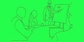 连续一行的动画-年轻男子在眼镜站在白板附近，指着图表，而他的同事听和坐在桌子上的绿色屏幕上