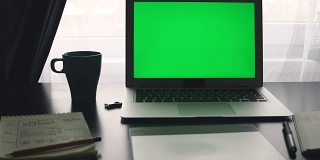 绿屏笔记本电脑。程序员的工作