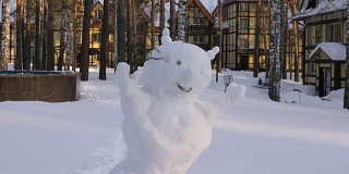 雪人在冬天的村舍靠近。圣诞雪人