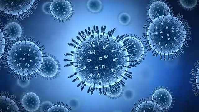 Virus floating around in blue color, microscopic 3d rendered animation