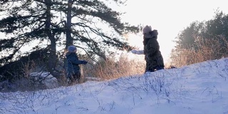 一家人在户外，男孩和妈妈在美丽的冬季自然和日落的背景下玩耍