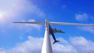风力发电机的背景是天空和飞机视频素材模板下载