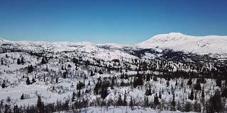 飞行在大的山区冬季景观