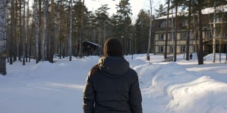 后视图的女人走在冬天下雪的公园