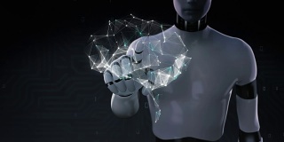 机器人触摸大脑连接数字线，4K大小的电影。人工智能发展。2.