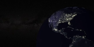 4K旋转和缩放地球在晚上。美丽的地球夜景与主要城市的灯光。运动图形和动画背景。