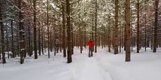 雪地靴行走在北方的森林里