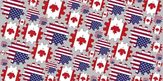 美国和加拿大国旗齿轮旋转背景缩小