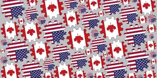 美国和加拿大国旗齿轮旋转背景