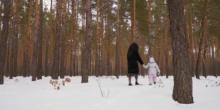 母女俩走在冬天的森林里，动作缓慢