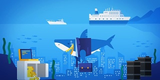 出现和消失。海洋中的商业鲨鱼。海洋的城市。安全与黄金桶油。旅游船舶及游艇。