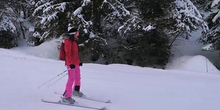 一名女子在松树林中的山坡上滑雪