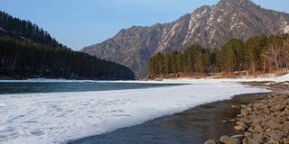 阿尔泰河卡顿附近的巴兰戈定居点冬季有冰雪