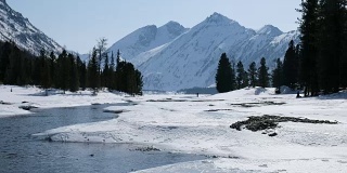 冬季，阿尔泰山木尔塔河被冰雪覆盖