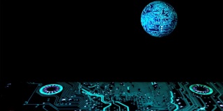 电路板球体从左到右跳跃的黑色背景和底板与复制空间为您的技术题字。电子产品概念动画。